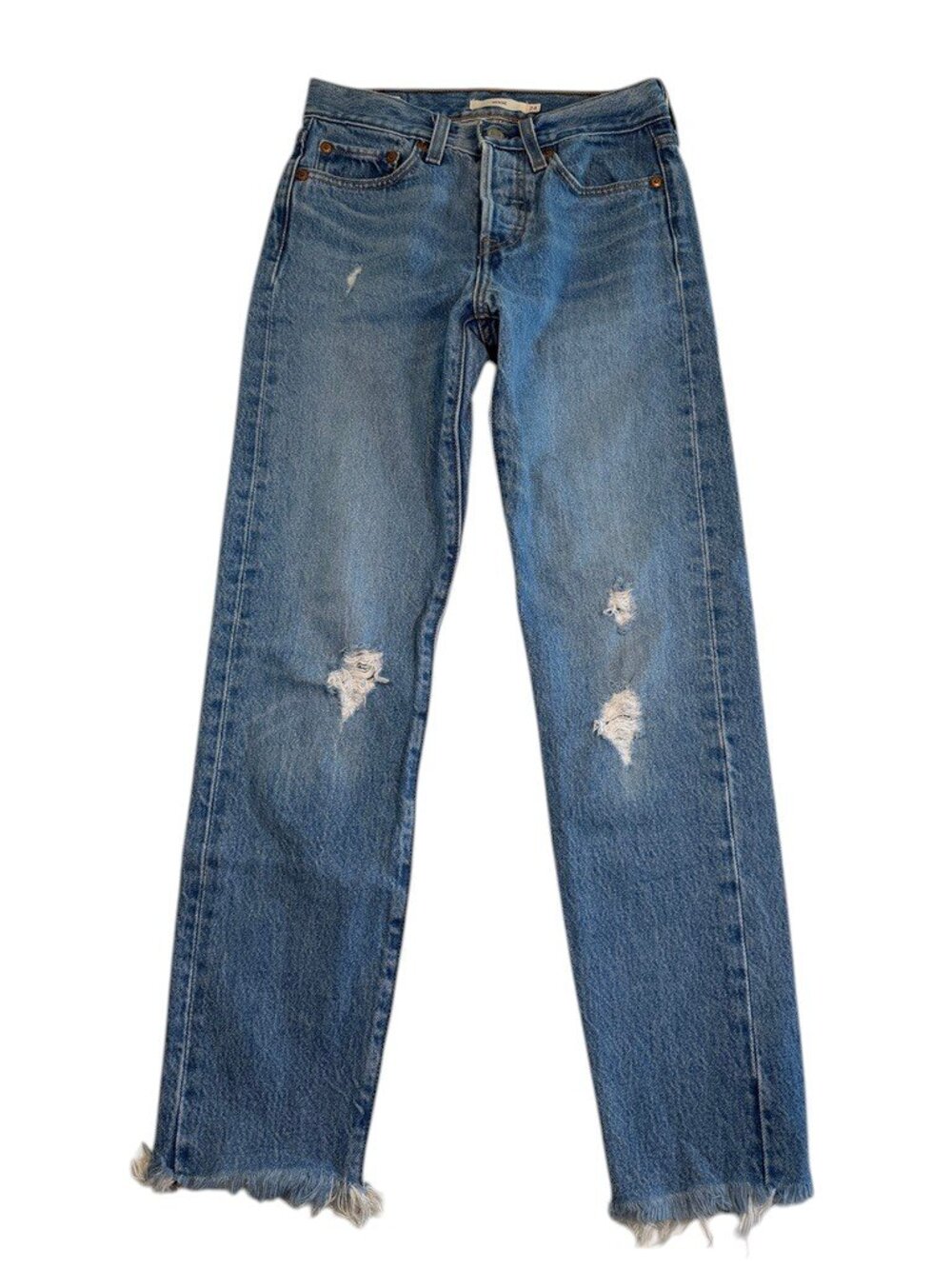 LEVIS Premium Button Fly Wedgie Distressed Denim Blue Jeans 24